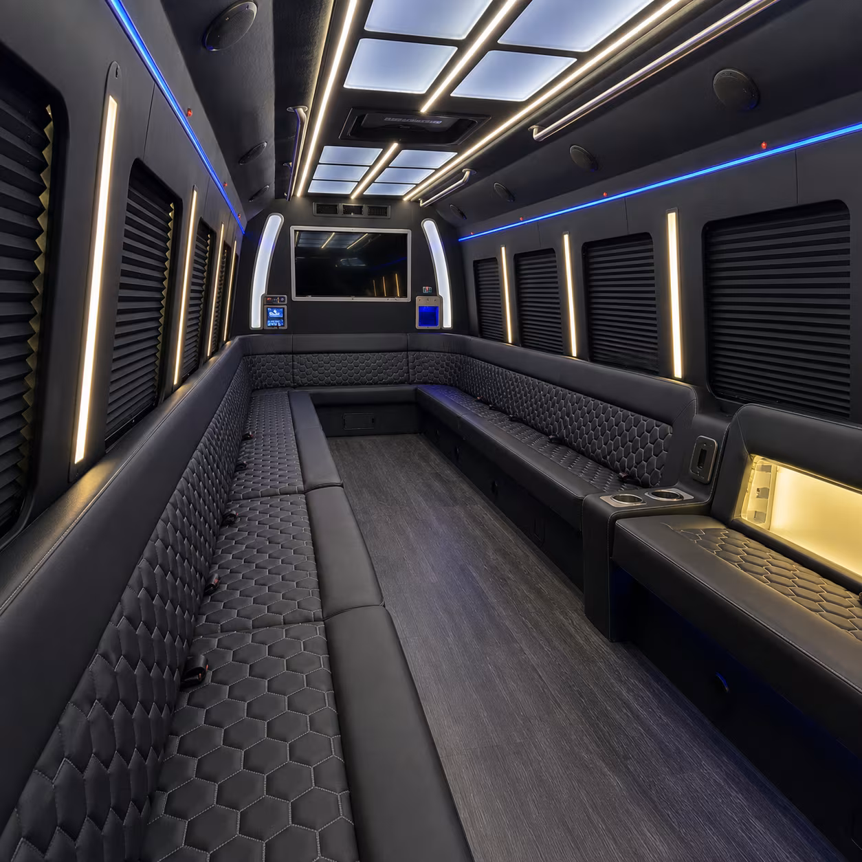 Interior of a party bus rental serving Wichita